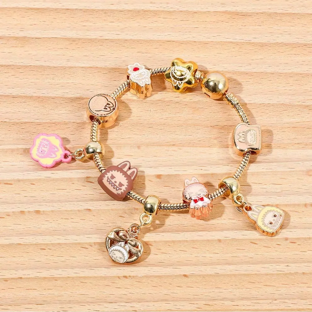 18K Gold Labubu Character Themed Fully Loaded Charm Bracelet Unisex Kawaii Anime - Picture 10 of 12
